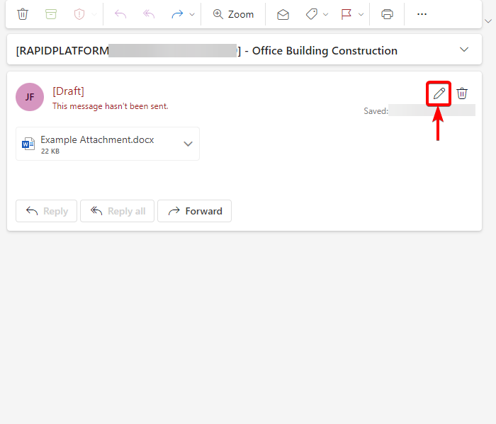 A screenshot showing how to edit the draft email that is generated. The screenshot is annotated by a red arrow that points to a red box. Inside the red box is the Edit Email button. These annotations are to highlight the location of the button.